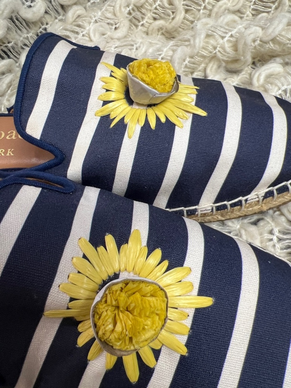 kate spade Navy & White Solero Striped Espadrille Mules Yellow Floral Applique - Picture 3 of 10